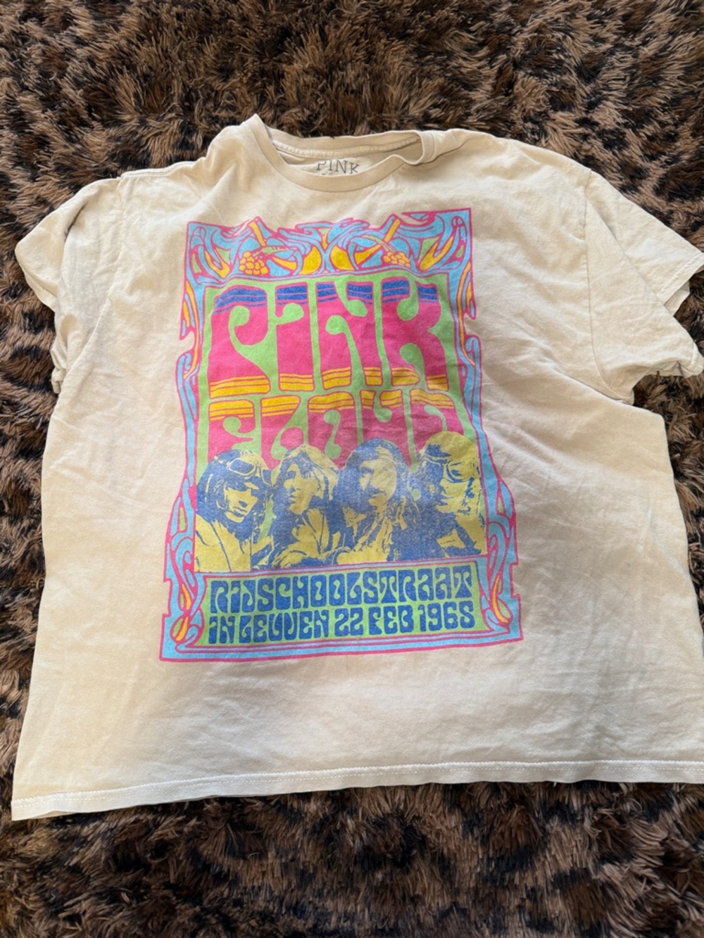 Pink Floyd Cream Tee with Vibrant Pink Yellow Blue Graphic